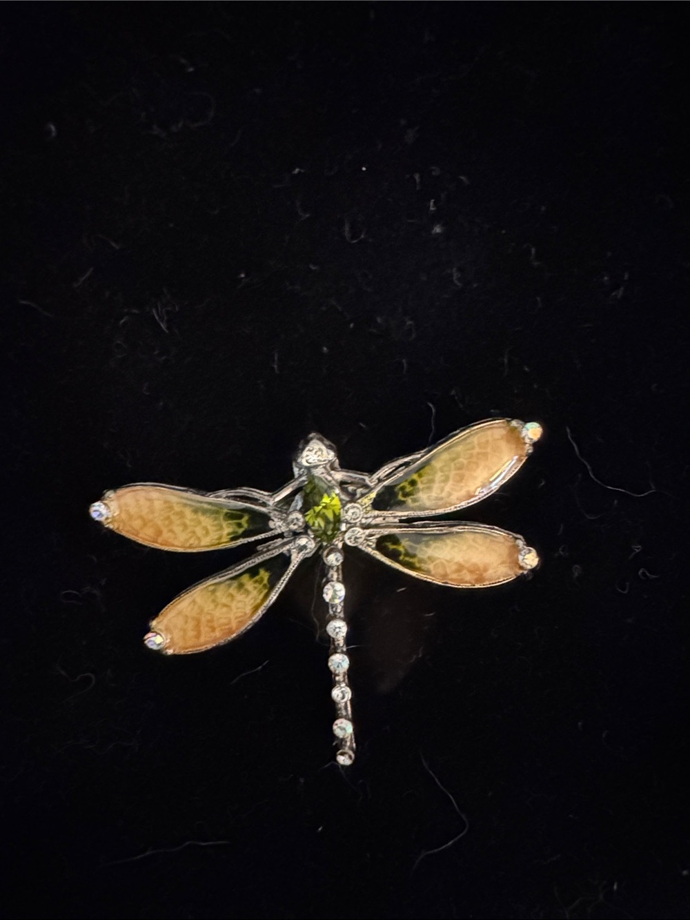 Vintage Dragonfly Enamel & Crystal Brooch in Green and Peach